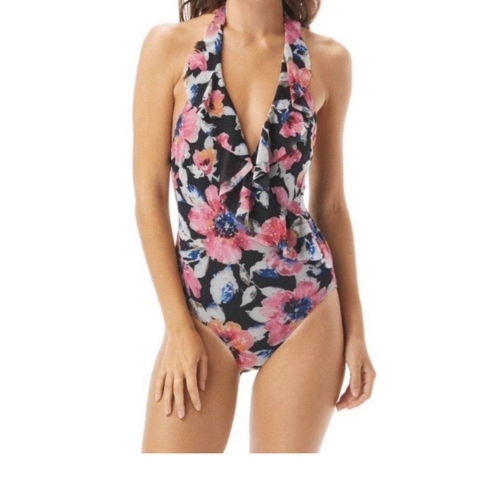 Carmen Marc Valvo Ruffle Surplice Halter Top One-Piece Swimsuit Size 8
